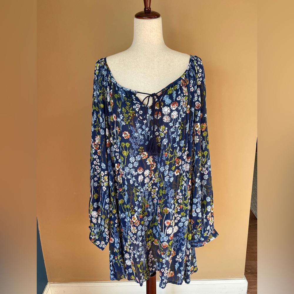 Woman‎ Within Floral Tunic Top Peasant Blouse Size 4X Tie Cottagecore Blue 32/34